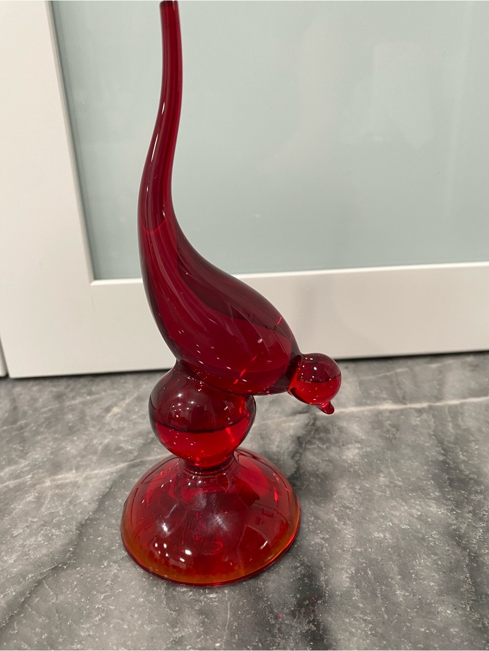 Hand Blown Glass Art Bird Sculpture - Vintage. Deep Red w/ a hint Yellow/Orange
